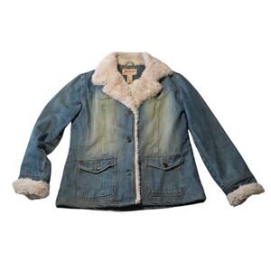 Aeropostale Vtg 90s Jacket Women L Jean Fur Lined Faded Denim Button Trucker Y2K